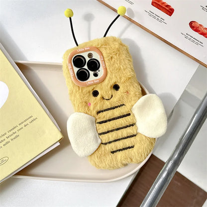 Cute Fur Fluffy Bee Phone Case For iPhone 16 Pro 15 Plus 14 Pro Max 11 12 13 Pro Cover Cartoon Plush Silicone Cases with Stand