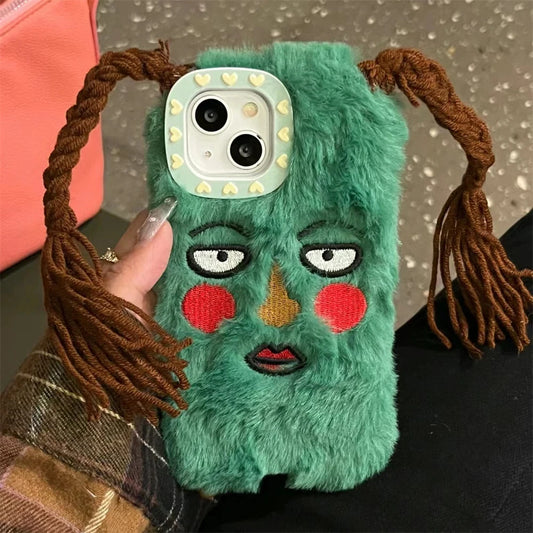Korean Cute Funny Ugly Blush Girl Face Fur Phone Case For iPhone 16 Pro 15 14 13 12 Pro Max 11 Cartoon DIY Braids Plush Cover