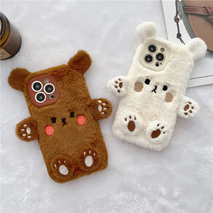 Cute Bear Soft Fluffy Plush Phone Cases For iPhone 16 Pro Max 15 14 13 12 11 X XS XR 7 8 Plus Autumn And Winter Shockproof Cover