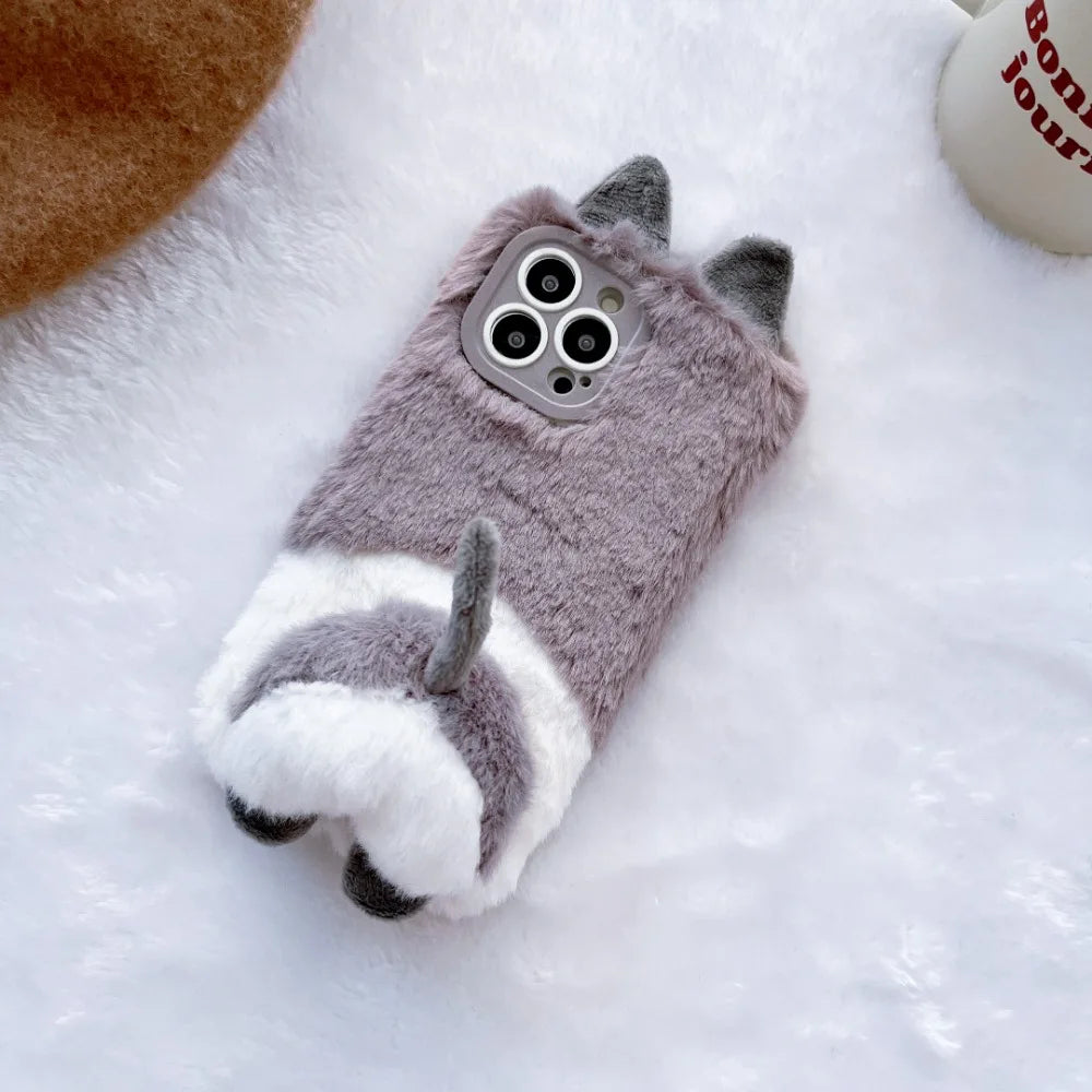 Plush Animal butt  Phone Case for IPhone16 15 14 13 11 12 Pro Max Cute Shockproof Furry Warm Fur Anti-drop protective Back Cover