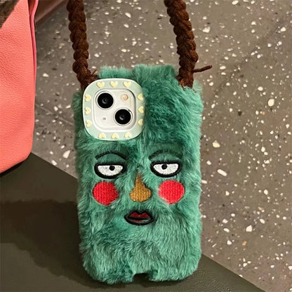 Korean Cute Funny Ugly Blush Girl Face Fur Phone Case For iPhone 16 Pro 15 14 13 12 Pro Max 11 Cartoon DIY Braids Plush Cover