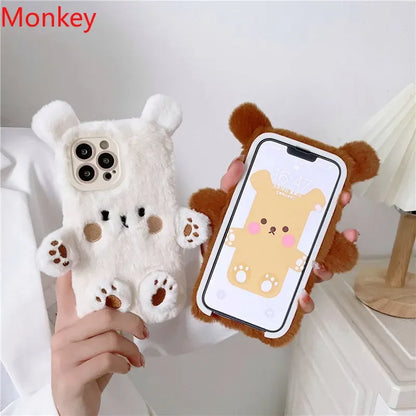 Cute Bear Soft Fluffy Plush Phone Cases For iPhone 16 Pro Max 15 14 13 12 11 X XS XR 7 8 Plus Autumn And Winter Shockproof Cover