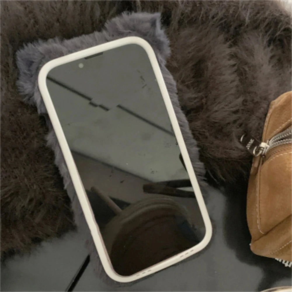 Ins Korean Cute Cartoon Grey Cat Fur Phone Case For iPhone 16 Pro 15 14 13 12 Pro Max 11 Funny Winter Plush Anime Soft Cover