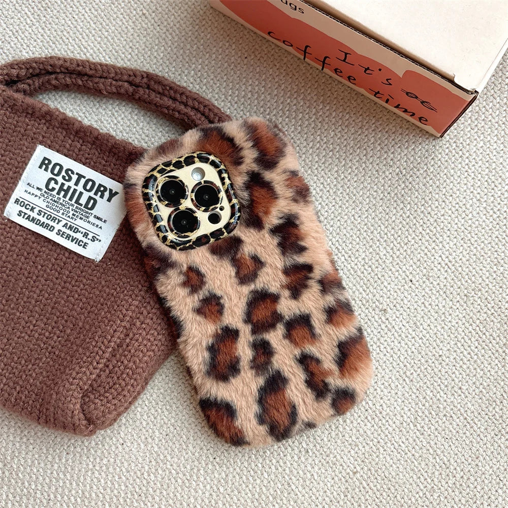 Fashion Leopard Fluffy Fur Case For iPhone 16 Pro Max 15 Plus 14 13 Kickstand Camera Lens Protection Frame Funda 16 Plus