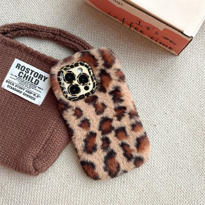 Fashion Leopard Fluffy Fur Case For iPhone 16 Pro Max 15 Plus 14 13 Kickstand Camera Lens Protection Frame Funda 16 Plus