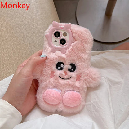 3D Cute Cartoon Funny Phone Case For iPhone 16 15 Plus 14 13 12 11 Pro Max Warm Winter Fluffy Plush Soft Bumper Protection Cover