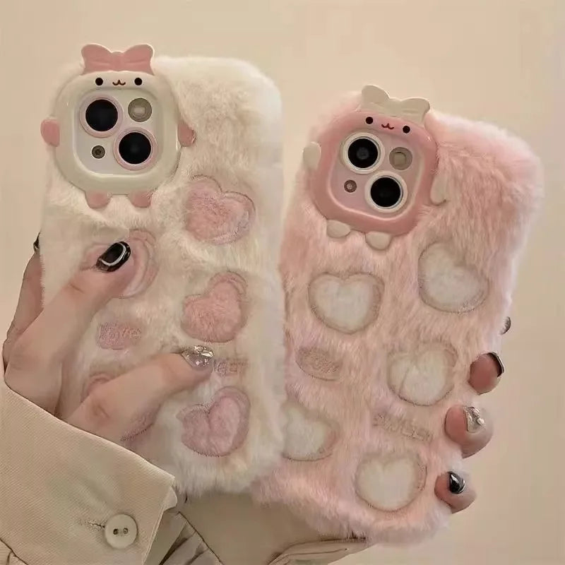 Monster Lens Pink Plush Love Case For iPhone 15 14 13 12 11 Pro Max Shockproof Plush Cover