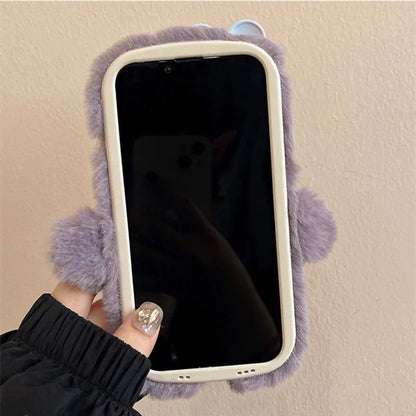 3D Cute Cartoon Funny Phone Case For iPhone 16 15 Plus 14 13 12 11 Pro Max Warm Winter Fluffy Plush Soft Bumper Protection Cover