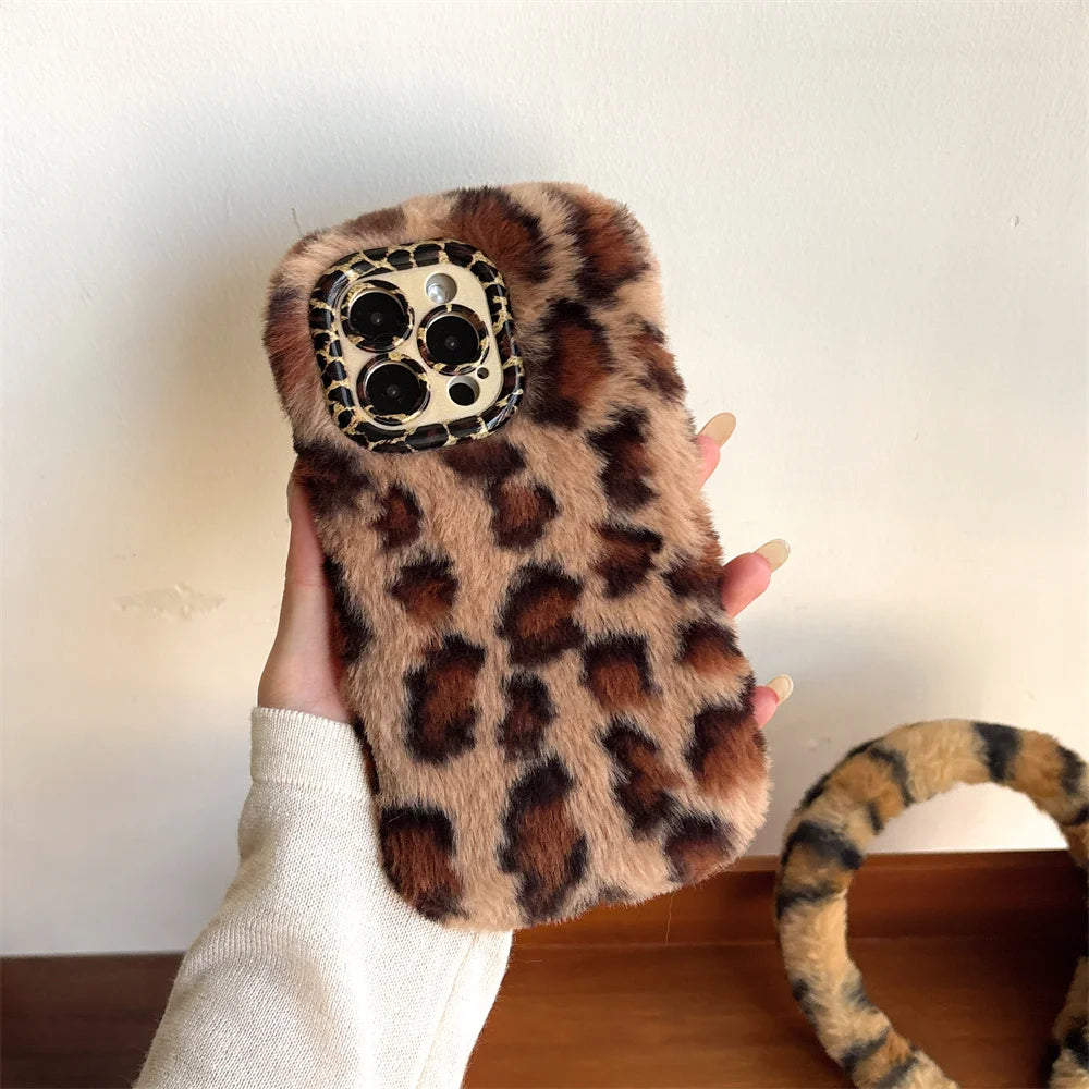 Fashion Leopard Fluffy Fur Case For iPhone 16 Pro Max 15 Plus 14 13 Kickstand Camera Lens Protection Frame Funda 16 Plus