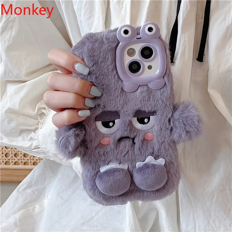 3D Cute Cartoon Funny Phone Case For iPhone 16 15 Plus 14 13 12 11 Pro Max Warm Winter Fluffy Plush Soft Bumper Protection Cover
