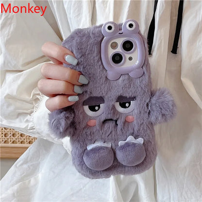 3D Cute Cartoon Funny Phone Case For iPhone 16 15 Plus 14 13 12 11 Pro Max Warm Winter Fluffy Plush Soft Bumper Protection Cover