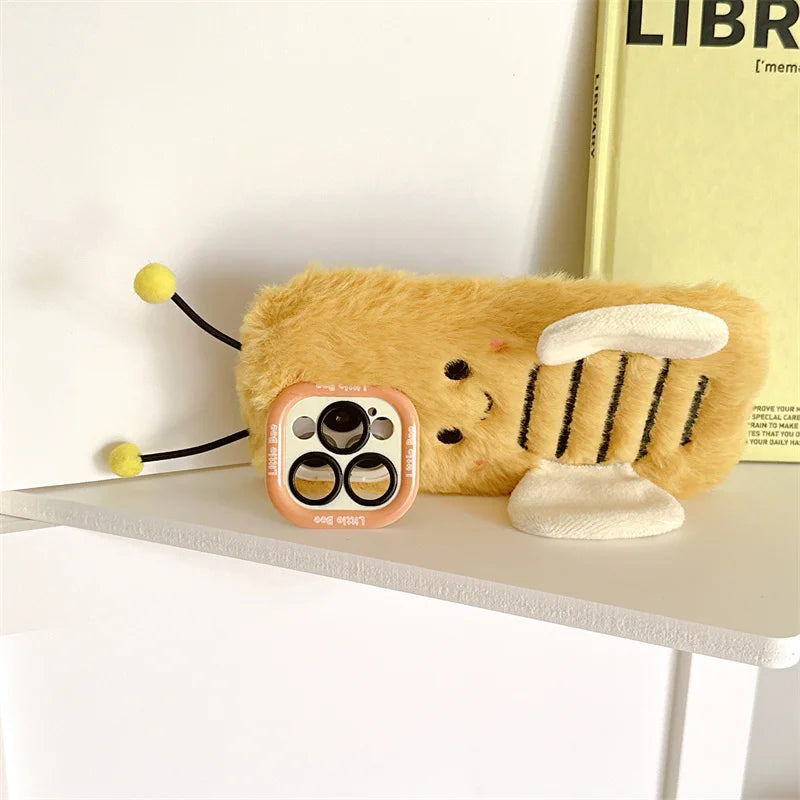 Cute Fur Fluffy Bee Phone Case For iPhone 16 Pro 15 Plus 14 Pro Max 11 12 13 Pro Cover Cartoon Plush Silicone Cases with Stand