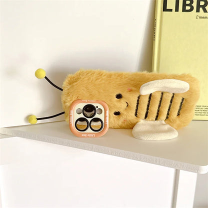 Cute Fur Fluffy Bee Phone Case For iPhone 16 Pro 15 Plus 14 Pro Max 11 12 13 Pro Cover Cartoon Plush Silicone Cases with Stand
