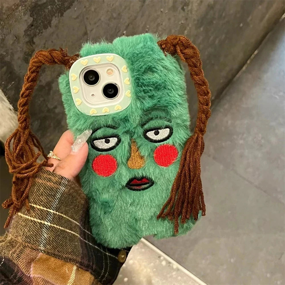 Korean Cute Funny Ugly Blush Girl Face Fur Phone Case For iPhone 16 Pro 15 14 13 12 Pro Max 11 Cartoon DIY Braids Plush Cover