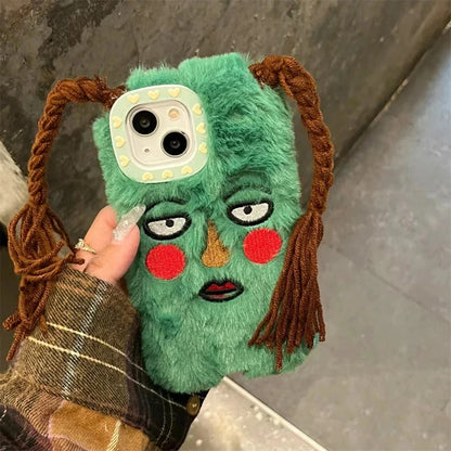 Korean Cute Funny Ugly Blush Girl Face Fur Phone Case For iPhone 16 Pro 15 14 13 12 Pro Max 11 Cartoon DIY Braids Plush Cover