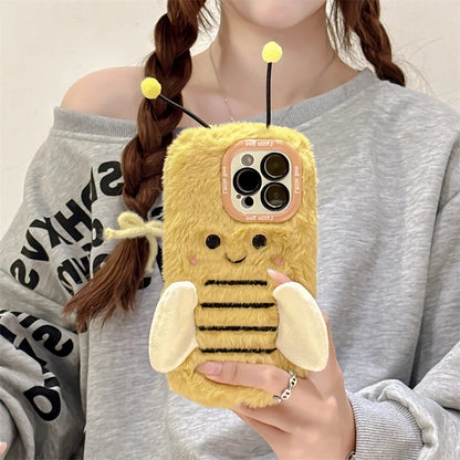 Cute Fur Fluffy Bee Phone Case For iPhone 16 Pro 15 Plus 14 Pro Max 11 12 13 Pro Cover Cartoon Plush Silicone Cases with Stand