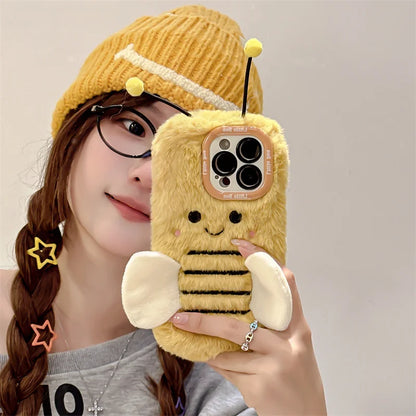 Cute Fur Fluffy Bee Phone Case For iPhone 16 Pro 15 Plus 14 Pro Max 11 12 13 Pro Cover Cartoon Plush Silicone Cases with Stand