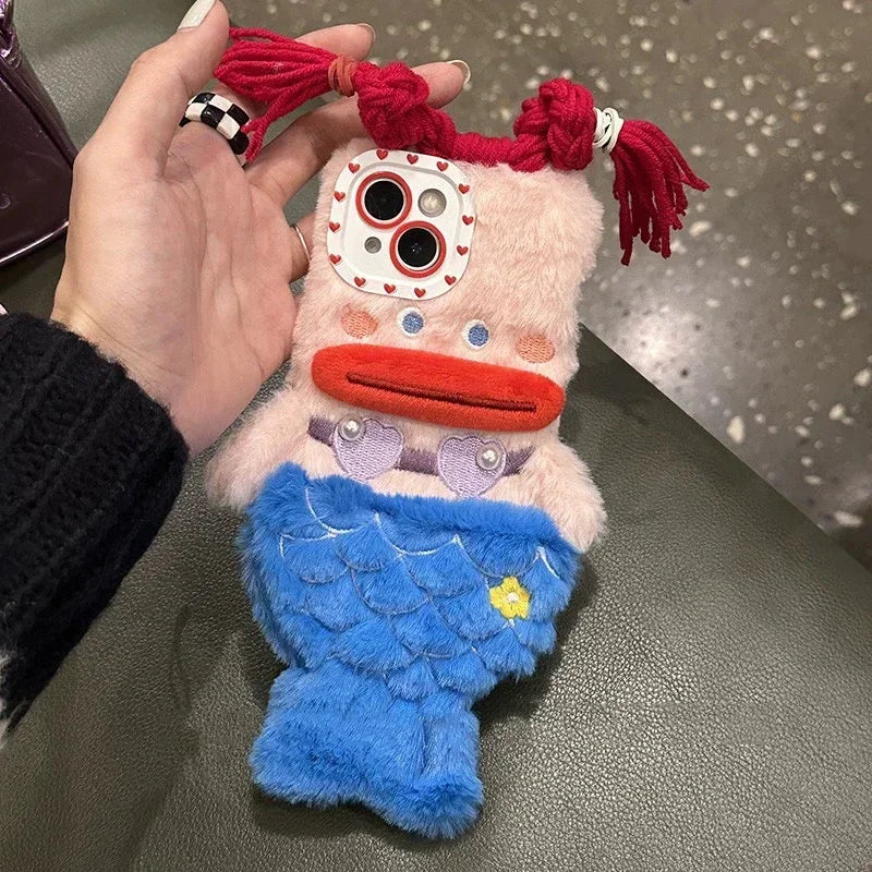 3D Cute Plush Mermaid Girls Gift Phone Case For iPhone 15 14 13 Pro Max 12 11 X XR 6 7 8 Plus Winter Fluffy Hair Soft Back Cover