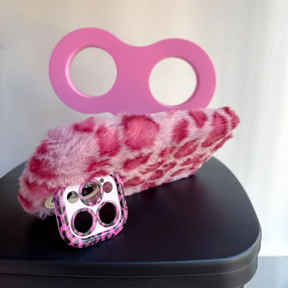 Fashion Leopard Fluffy Fur Case For iPhone 16 Pro Max 15 Plus 14 13 Kickstand Camera Lens Protection Frame Funda 16 Plus