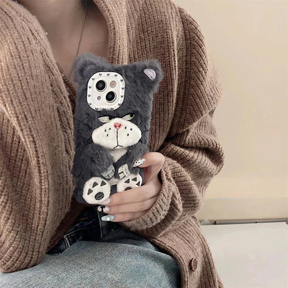 Ins Korean Cute Cartoon Grey Cat Fur Phone Case For iPhone 16 Pro 15 14 13 12 Pro Max 11 Funny Winter Plush Anime Soft Cover