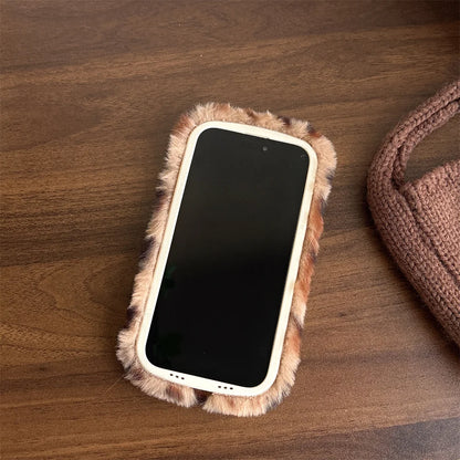 Fashion Leopard Fluffy Fur Case For iPhone 16 Pro Max 15 Plus 14 13 Kickstand Camera Lens Protection Frame Funda 16 Plus