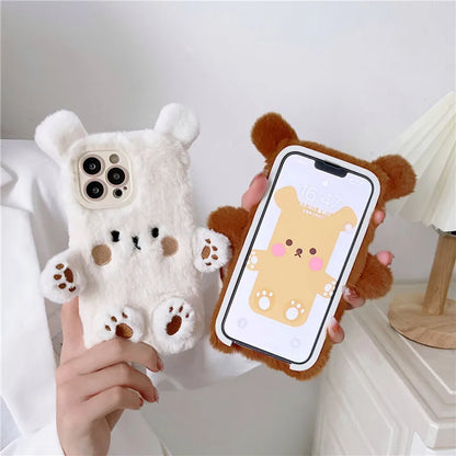 Cute Bear Soft Fluffy Plush Phone Cases For iPhone 16 Pro Max 15 14 13 12 11 X XS XR 7 8 Plus Autumn And Winter Shockproof Cover