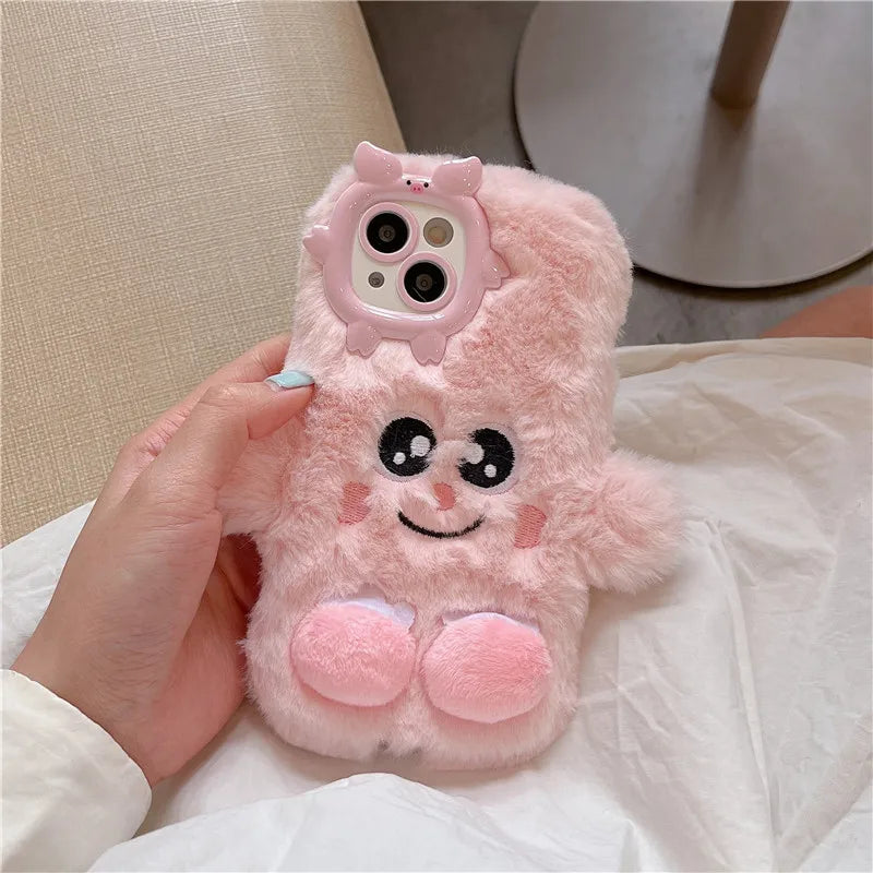 3D Cute Cartoon Funny Phone Case For iPhone 16 15 Plus 14 13 12 11 Pro Max Warm Winter Fluffy Plush Soft Bumper Protection Cover