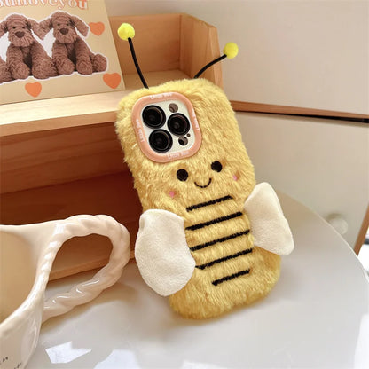 Cute Fur Fluffy Bee Phone Case For iPhone 16 Pro 15 Plus 14 Pro Max 11 12 13 Pro Cover Cartoon Plush Silicone Cases with Stand