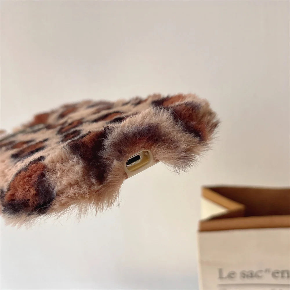 Fashion Leopard Fluffy Fur Case For iPhone 16 Pro Max 15 Plus 14 13 Kickstand Camera Lens Protection Frame Funda 16 Plus