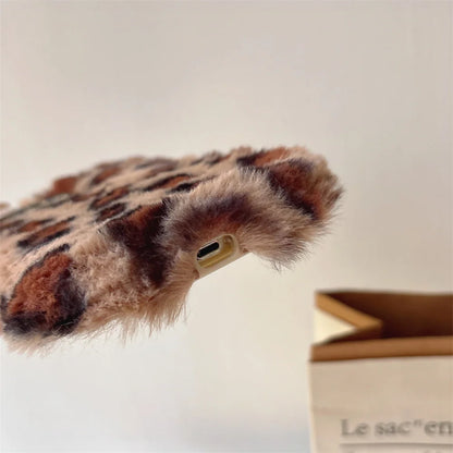 Fashion Leopard Fluffy Fur Case For iPhone 16 Pro Max 15 Plus 14 13 Kickstand Camera Lens Protection Frame Funda 16 Plus