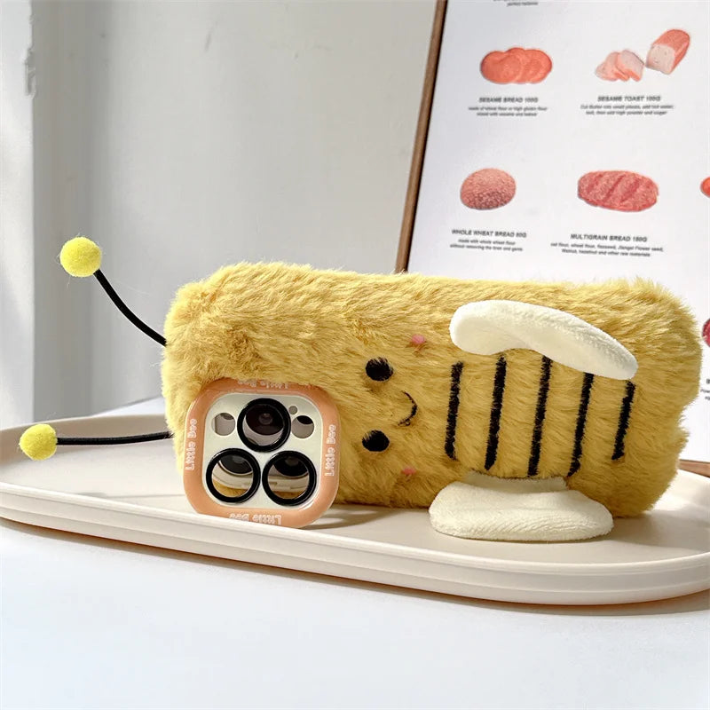 Cute Fur Fluffy Bee Phone Case For iPhone 16 Pro 15 Plus 14 Pro Max 11 12 13 Pro Cover Cartoon Plush Silicone Cases with Stand