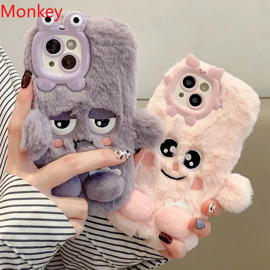 3D Cute Cartoon Funny Phone Case For iPhone 16 15 Plus 14 13 12 11 Pro Max Warm Winter Fluffy Plush Soft Bumper Protection Cover