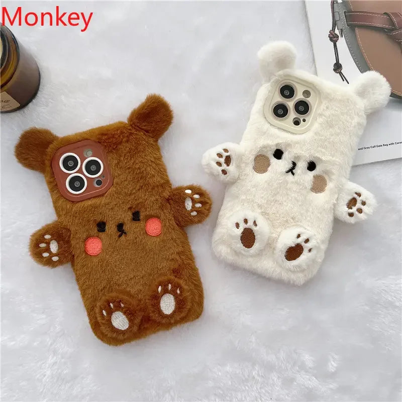 Cute Bear Soft Fluffy Plush Phone Cases For iPhone 16 Pro Max 15 14 13 12 11 X XS XR 7 8 Plus Autumn And Winter Shockproof Cover
