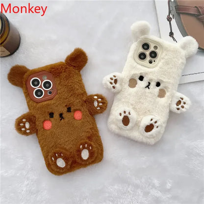 Cute Bear Soft Fluffy Plush Phone Cases For iPhone 16 Pro Max 15 14 13 12 11 X XS XR 7 8 Plus Autumn And Winter Shockproof Cover
