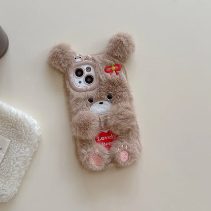 Cartoon Cute Flower Bear Plush Phone Case Couple's Autumn Winter Warm Phone Accessories for iPhone 16 15 Pro Max