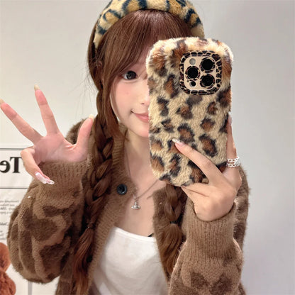 Fashion Leopard Fluffy Fur Case For iPhone 16 Pro Max 15 Plus 14 13 Kickstand Camera Lens Protection Frame Funda 16 Plus