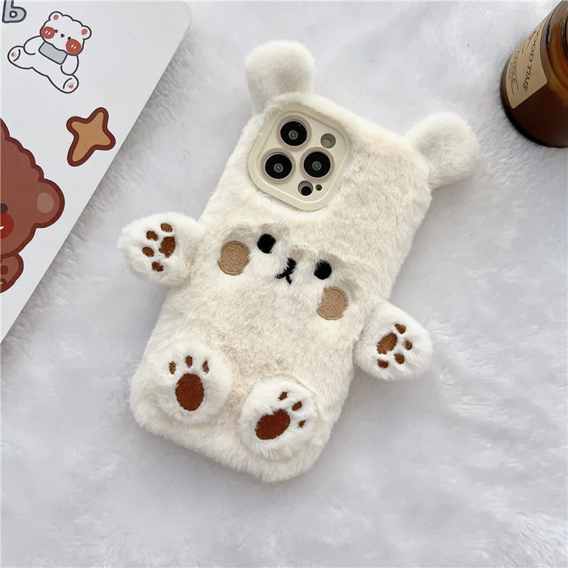 Cute Bear Soft Fluffy Plush Phone Cases For iPhone 16 Pro Max 15 14 13 12 11 X XS XR 7 8 Plus Autumn And Winter Shockproof Cover