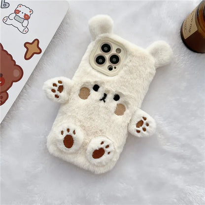 Cute Bear Soft Fluffy Plush Phone Cases For iPhone 16 Pro Max 15 14 13 12 11 X XS XR 7 8 Plus Autumn And Winter Shockproof Cover
