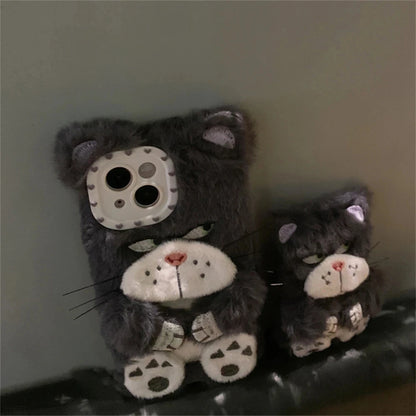 Ins Korean Cute Cartoon Grey Cat Fur Phone Case For iPhone 16 Pro 15 14 13 12 Pro Max 11 Funny Winter Plush Anime Soft Cover