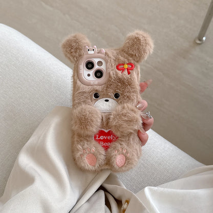 Cartoon Cute Flower Bear Plush Phone Case Couple's Autumn Winter Warm Phone Accessories for iPhone 16 15 Pro Max