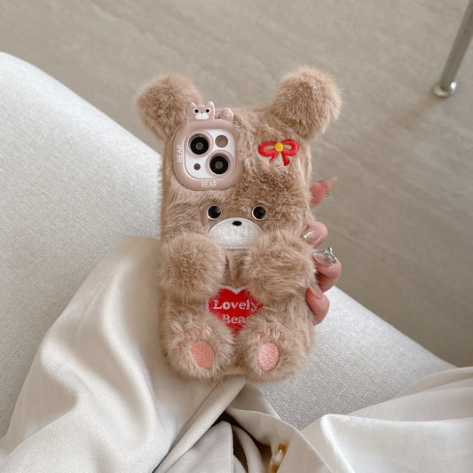Cartoon Cute Flower Bear Plush Phone Case Couple's Autumn Winter Warm Phone Accessories for iPhone 16 15 Pro Max