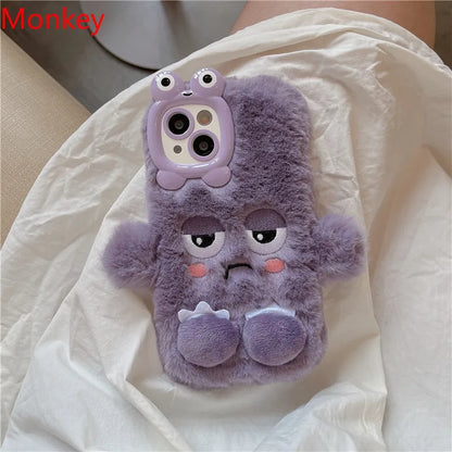 3D Cute Cartoon Funny Phone Case For iPhone 16 15 Plus 14 13 12 11 Pro Max Warm Winter Fluffy Plush Soft Bumper Protection Cover