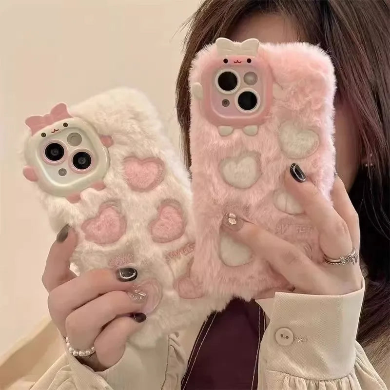 Monster Lens Pink Plush Love Case For iPhone 15 14 13 12 11 Pro Max Shockproof Plush Cover