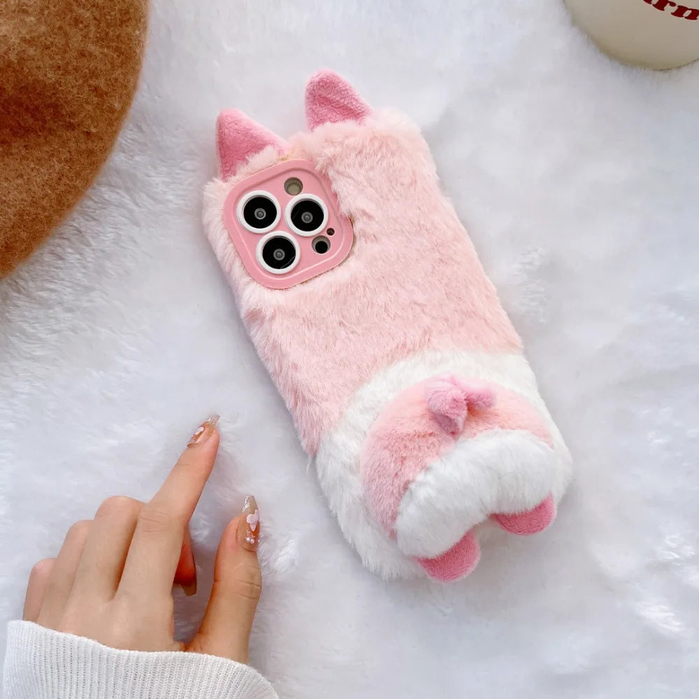 Plush Animal butt  Phone Case for IPhone16 15 14 13 11 12 Pro Max Cute Shockproof Furry Warm Fur Anti-drop protective Back Cover