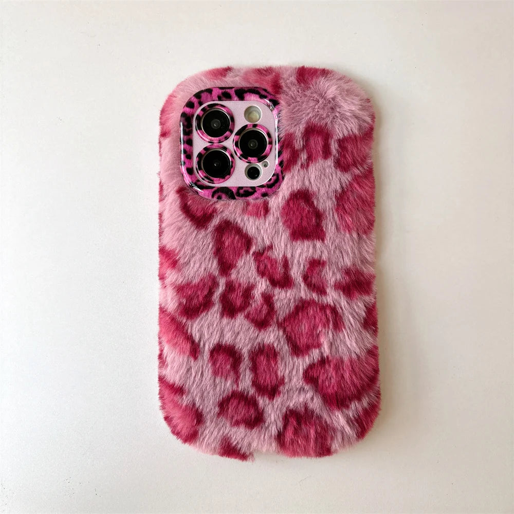 Fashion Leopard Fluffy Fur Case For iPhone 16 Pro Max 15 Plus 14 13 Kickstand Camera Lens Protection Frame Funda 16 Plus