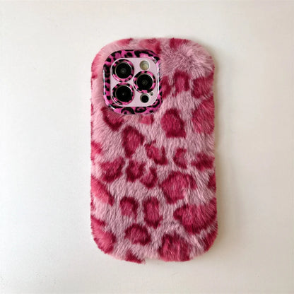 Fashion Leopard Fluffy Fur Case For iPhone 16 Pro Max 15 Plus 14 13 Kickstand Camera Lens Protection Frame Funda 16 Plus