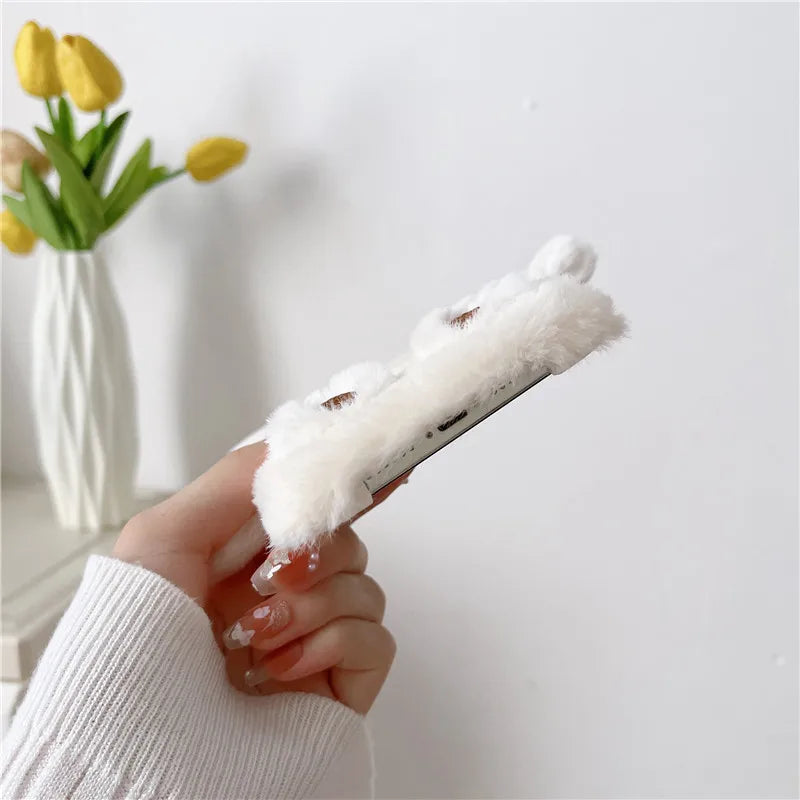 Cute Bear Soft Fluffy Plush Phone Cases For iPhone 16 Pro Max 15 14 13 12 11 X XS XR 7 8 Plus Autumn And Winter Shockproof Cover