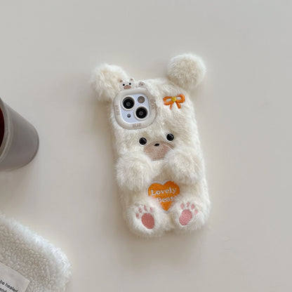 Cartoon Cute Flower Bear Plush Phone Case Couple's Autumn Winter Warm Phone Accessories for iPhone 16 15 Pro Max