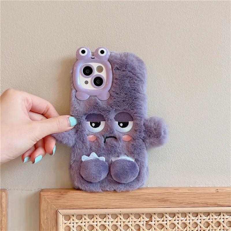 3D Cute Cartoon Funny Phone Case For iPhone 16 15 Plus 14 13 12 11 Pro Max Warm Winter Fluffy Plush Soft Bumper Protection Cover