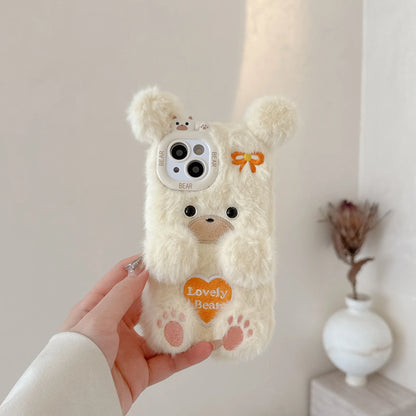 Cartoon Cute Flower Bear Plush Phone Case Couple's Autumn Winter Warm Phone Accessories for iPhone 16 15 Pro Max
